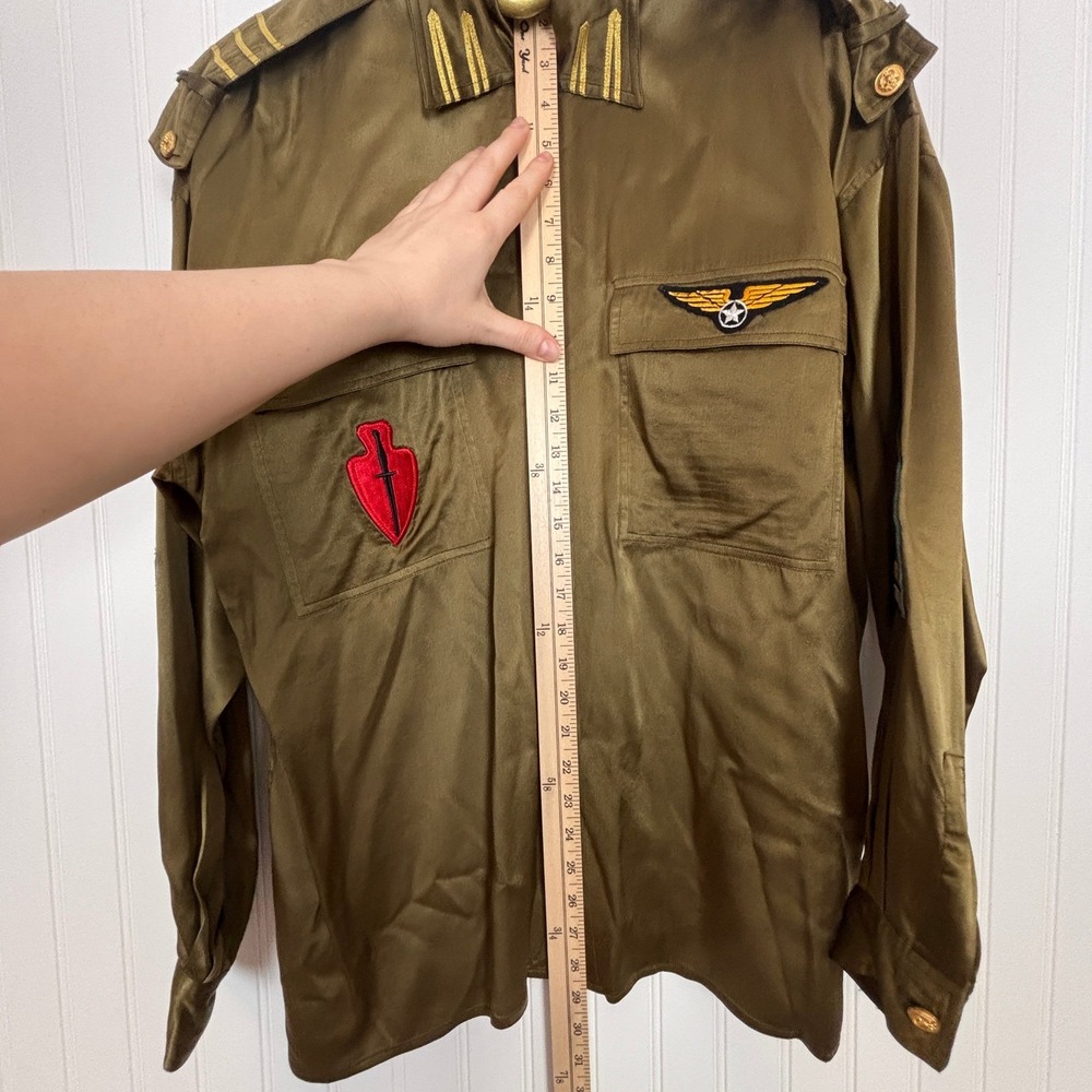 Baldanza Military Silk Shirt Women 4 Olive Green Patch Embroidered Epaulet - Picture 11 of 13